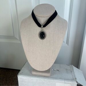 Black pendant velvet choker silver tone necklace Victorian TTPD faux stone